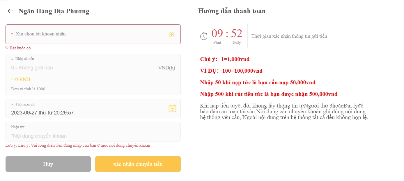 Nhập thông tin và thực hiện theo giao dịch để nạp tiền 009Bet  thành công